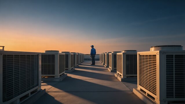 A maintenance worker in a blue uniform and hat stands on a rooftop surrounded by rows of air conditioning units during a serene sunset, inspecting the equipment with focus and attention to detail.