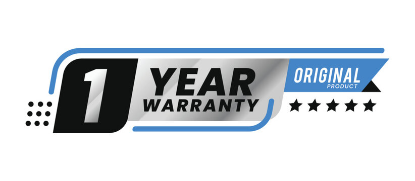 1 Year Silver Blue Warranty Shield Logo with Ribbon. Modern Warranty Badge in Premium Silver Metallic. Shiny Emblem with Shield Design, Elegant Ribbon, and Stars