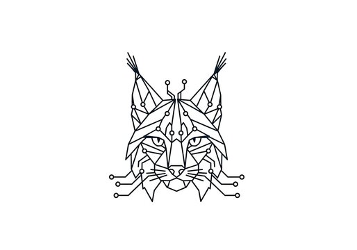 Minimalist geometric lynx head with circuit board line art
