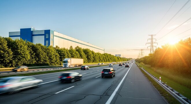 Commuters on a busy highway during sunset with a large industrial building and power lines visible.