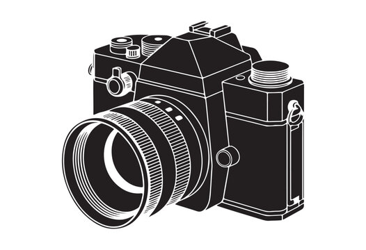 Isometric black and white vector illustration of a vintage analog film camera with lens.