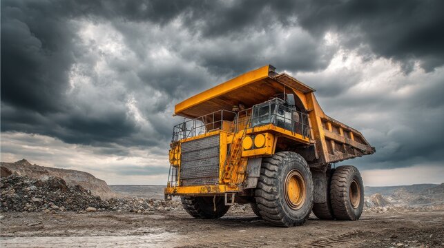 High quality photo of large yellow mining dump truck in an openpit mine under a cloudy sky.