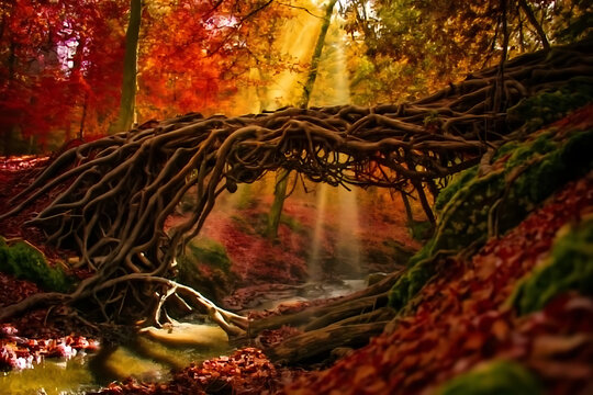 A vibrant autumn forest landscape features a red and yellow foliage tree with mossy roots near a peaceful river