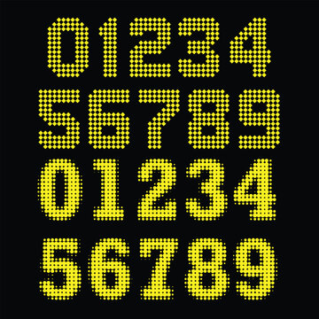 Yellow halftone pixelated numbers set zero to nine on black background