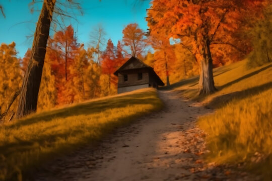 A colorful autumn landscape featuring a rural road winding through a forest of red and yellow trees under a clear sky with fallen leaves covering the path