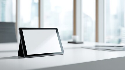 Fototapeta premium Minimalistic Tablet on Modern Office Desk with Urban Background