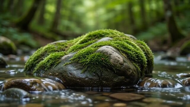 Vibrant Green Moss Covering a River Rock in a Serene Woodland Stream, Emphasizing Nature's Beauty