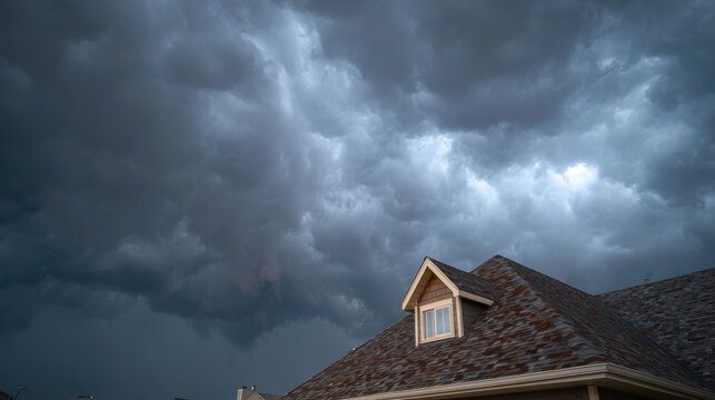 High quality photo of roof with visible hail damage, located in a climate zone known for severe storms, with dark clouds forming overhead, suggesting unpredictable weather.