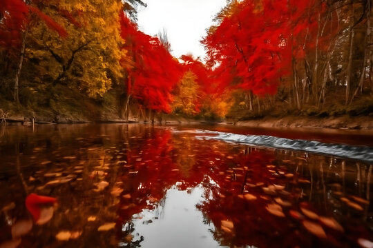 Scenic autumn landscape featuring colorful fall foliage and yellow leaves reflecting in the calm blue water of a park pond or forest river under a clear sky