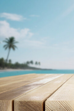Empty table with clean copy space for product placement set in front of exotic sea. The background of  turquoise sea water and  bright tropical atmosphere, creating relaxing spa and zen mood.