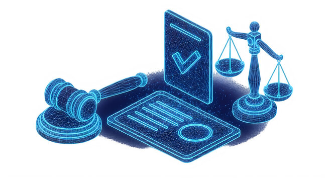 Digital illustration of justice scales gavel tablet and checkmark isolated on transparent background transparent background