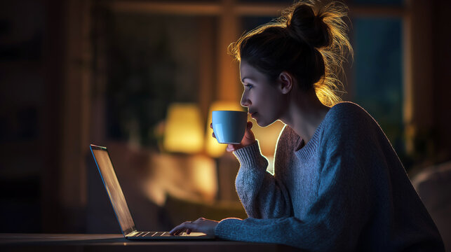 Young woman working on laptop and drinking coffee in evening, warm light, cozy home interior