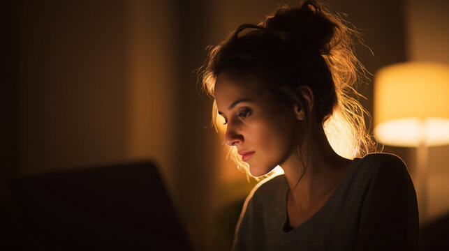 Realistic young woman working on laptop at home in evening, soft warm lamp light, minimal modern interior, calm focused mood