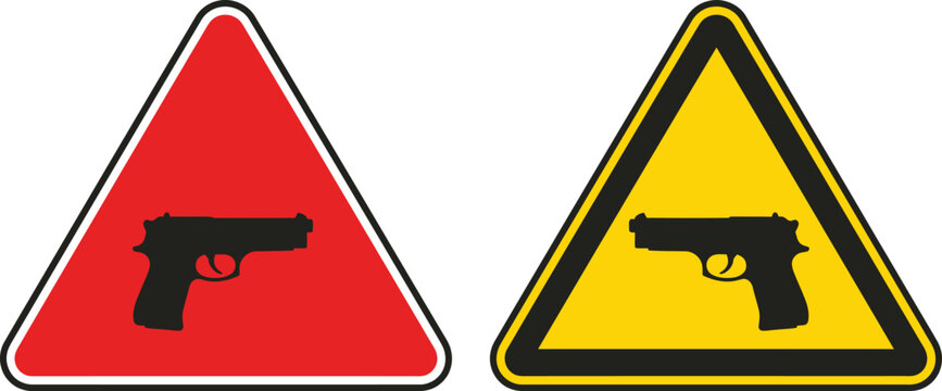 A vector illustration graphic depicting two distinct warning signs, each displaying a black pistol silhouette within a triangular frame, indicating a firearm present.