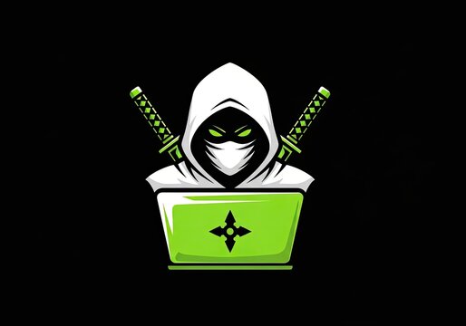 Ninja hacker mascot using green laptop on black background