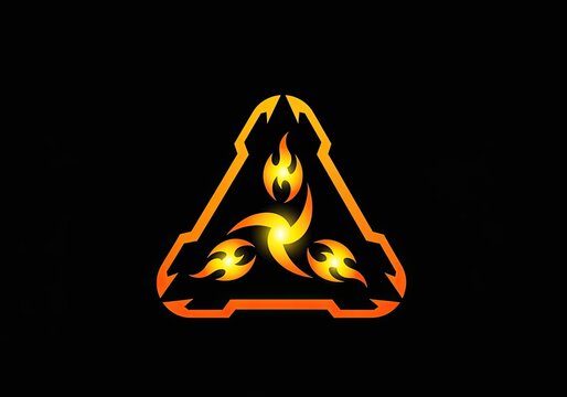 Orange glowing fire triangle logo on dark background
