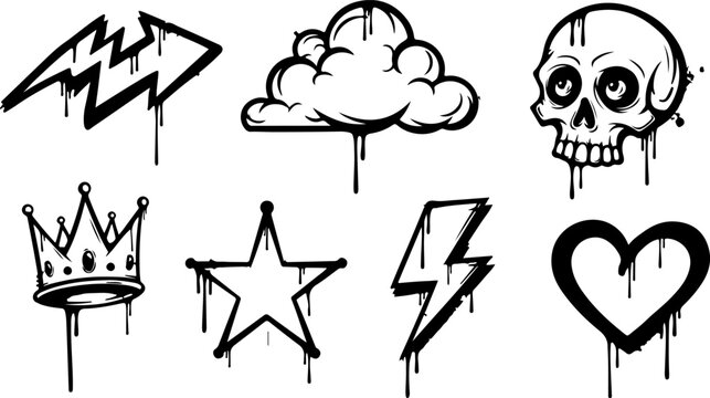 Urban spray paint graffiti icons set. Hand styled street art elements with drip marks, splatter textures and grunge effects including arrow, skull, crown, star and more