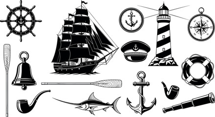 Black and White Vector Illustration of Nautical Elements Including Ship, Lighthouse, Compass, Anchor, Pipe, and Oar © Honey!