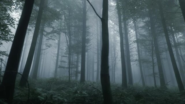 Moody forest with fog and silhouettes of trees, with cool bluish color and sideways movement 
