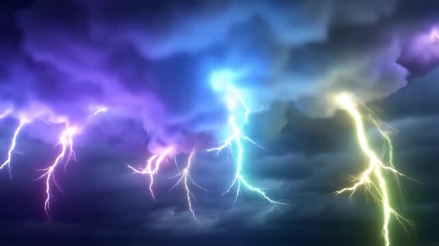 Slow motion static shot of colorful lightning bolts arcing and striking through dark storm clouds over open sky at night with multicolor electrical forks and rapid flashes