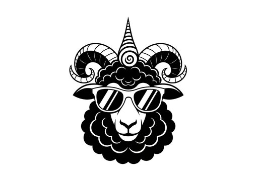 Ram with sunglasses and unicorn horn black vector icon