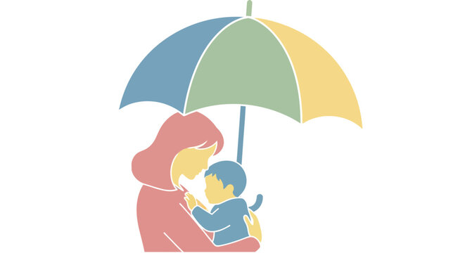 Loving mother tenderly embraces infant under colorful rainbow umbrella, symbolizing protection, care, family security, and unconditional love, minimalist graphic art.