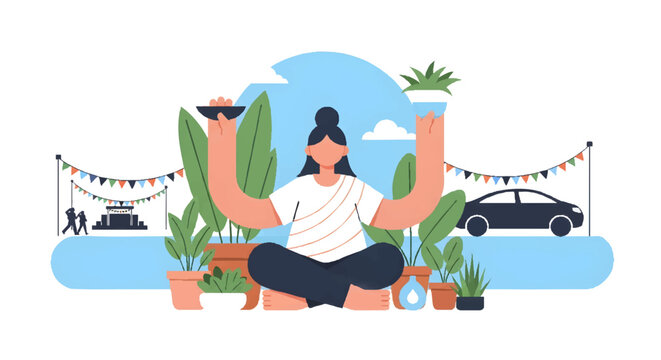 Woman meditating with plants and eco friendly lifestyle