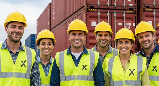 Diverse Team of Smiling Port Workers in Hard Hats and Reflective Vests at a Shipping Container