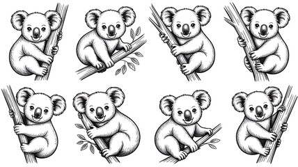 Naklejka premium Cute Hand-Drawn Koalas in Various Poses Climbing Trees