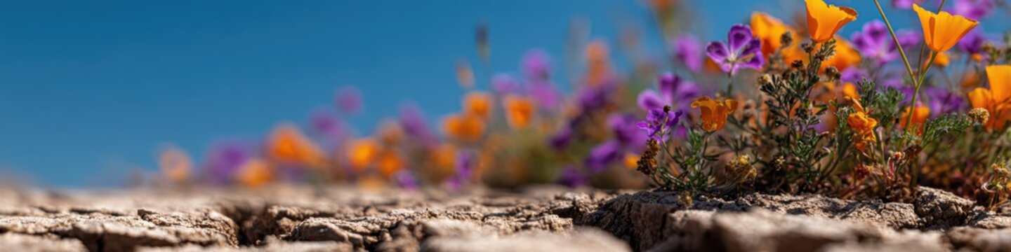 superbloom web banner, a striking web banner showcasing arizonas superbloom sharp desert earth in the foreground leads to a vibrant background of wildflowers under a clear blue sky amply-sized