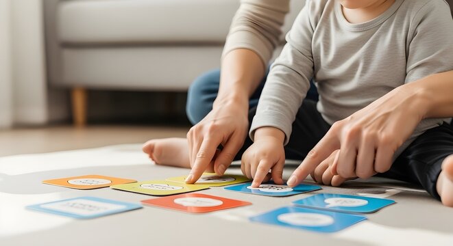 Adult teaching child to learn with colorful flashcards on floor