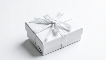 Obraz premium Photorealistic close-up of a simple gift box wrapped with a ribbon, centered in the frame, isolated on a clean empty background, soft studio lighting, minimal composition, sharp focus, high detail