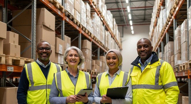 Diverse warehouse workers smiling in high-visibility vests stand in a well-stocked distribution