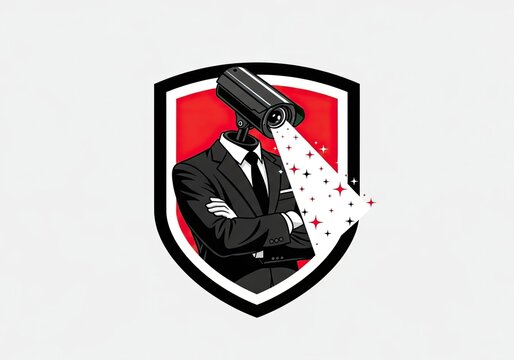 Surveillance camera man in suit on red shield background