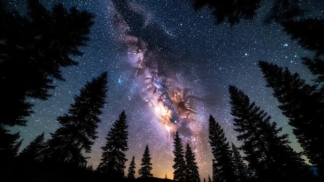 Stunning Milky Way Galaxy Visible Through Silhouetted Pine Trees.