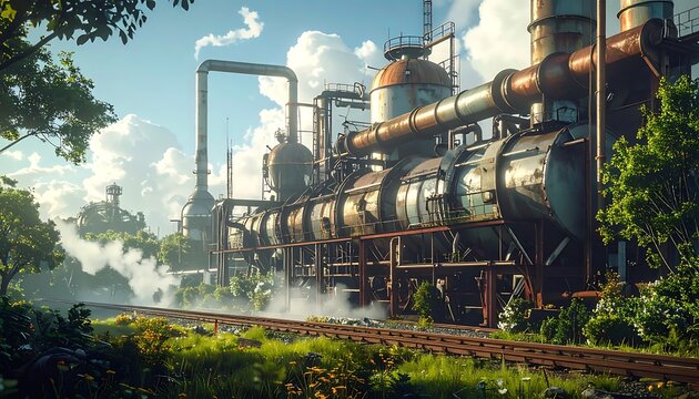 Industrial complex melds with nature rust-covered pipes and greenery against a bright blue sky with clouds