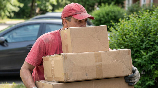 Delivery man wearing a red cap and gloves carries a stack of cardboard boxes for shipping