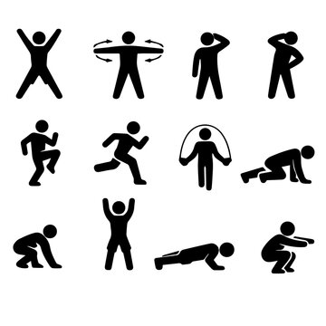  Jumping Jacks, Arm Circles, Neck Stretch, Side Bends, High Knees, Running, Skipping Rope, Mountain Climbers, Burpees, Jump 