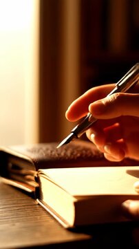 Open book with pen on desk in warm study light