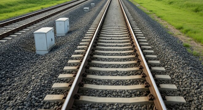 Double Train Tracks Recede into the Distance Beside Green Grassy Field and Electrical Boxes