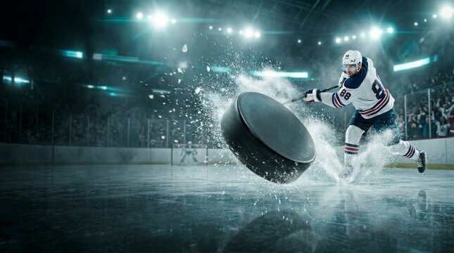 Ice Hockey Rink Arena: Professional Player Shooting the Puck with Hockey Stick. Dynamic Ice Hockey Puck in Motion with Player Action, Snow Spray and Copy