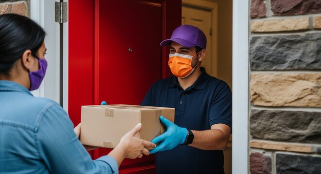 Delivery person in a mask and gloves hands over a package to a recipient at the door, contactless