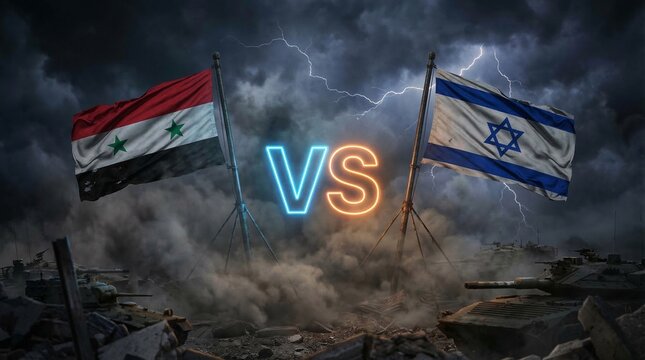Syrian and Israeli flags face off in a war-torn landscape with tanks
