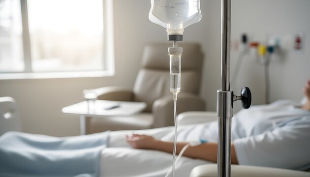 Close-up of an intravenous drip bag with a patient receiving chemotherapy treatment in a bright clinical hospital room for a healthcare and medical recovery concept