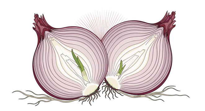 Detailed illustration of two red onion halves featuring fresh green sprouts emerging from the center against a white background.