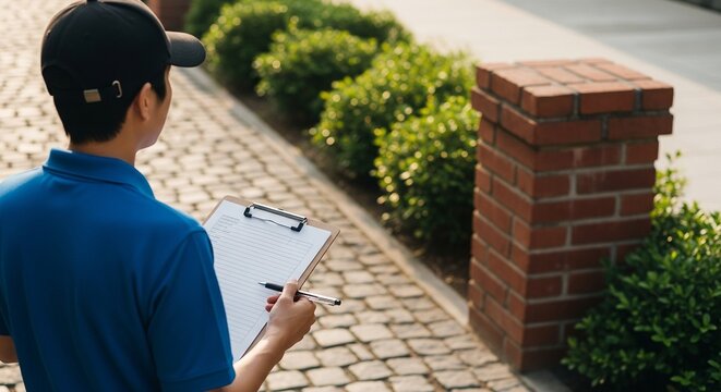 Delivery Person in Blue Uniform Holding Clipboard and Pen, Standing Outside Near Bushes and Brick
