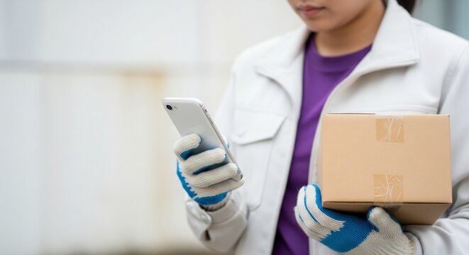 Delivery person in gloves holding a package and smartphone, checking order on mobile device
