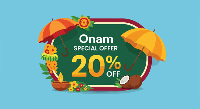 Bright promotional banner showcasing a special offer with a 20 percent discount for Onam celebration with festive