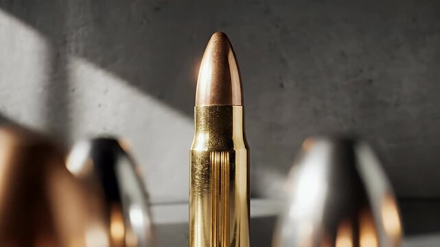 A close-up shot showcases a row of brass bullets against a textured concrete background, highlighting the metallic sheen and precision of ammunition.