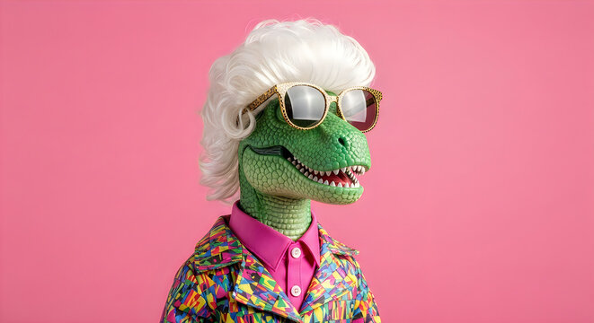 A green dinosaur wearing sunglasses and a colorful outfit on pink background now